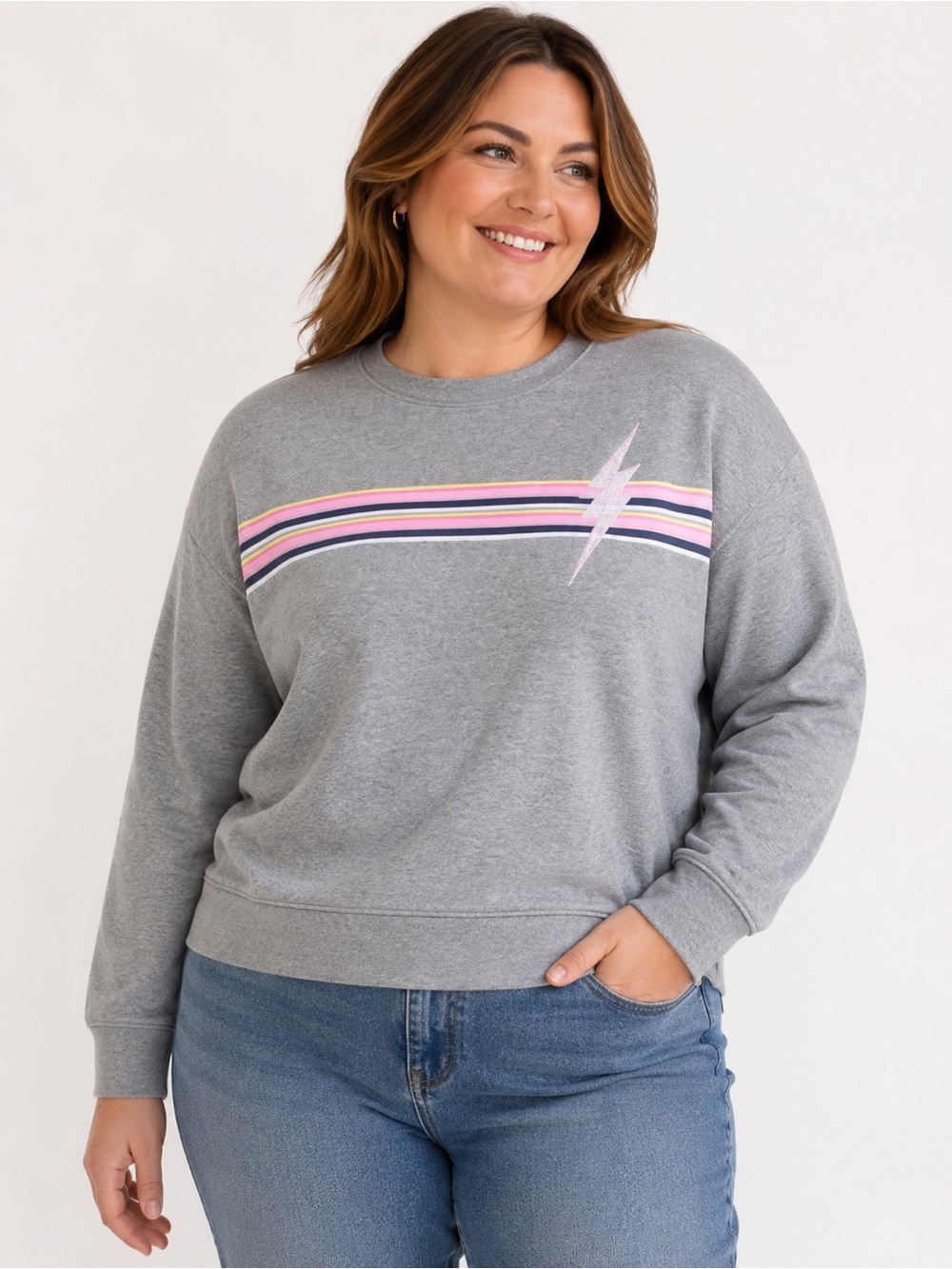 Torrid Super Soft Fleece Crewneck Sweatshirt Gray Pink Stripe Cozy Pullover